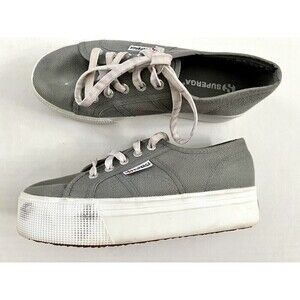 Superga Womens Size 37.5 Gray Canvas Platform Chunky Lace Up Sneakers Shoes US 7